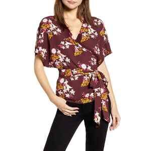 CHELSEA28 Wrap Style Belted floral blouse in Red size small in burgundy $95
